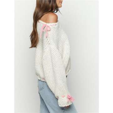 Women Cute Bow Sweater Long Sleeve Bow Front Knitted Pullover Ribbon Lace Up Cable Jumper Knitwear Going Out Top D White