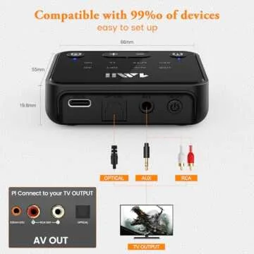 1Mii Bluetooth 5.3 Transmitter for TV to 2 Wireless Headphones, Long Range 100ft Bluetooth Adapter for TV aptX Low Latency& HD/Volume Control, Optical/USB/AUX/RCA Audio Inputs