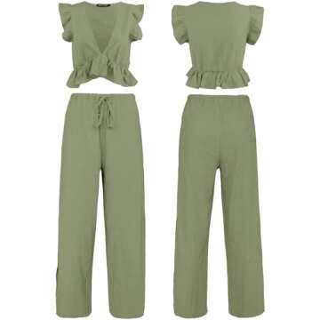 FANCYINN Women's Trendy Deep V Neck Crop Top and Pants