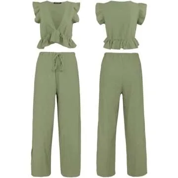 FANCYINN Women's Trendy Deep V Neck Crop Top and Pants