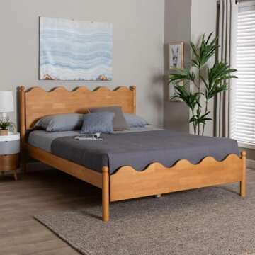 Baxton Studio Malaya Wood Platform Bed with Scalloped Edges, Queen, Oak Brown