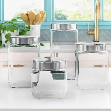 4pc Square Glass Cookie Jars with Airtight Lids + Marker & Labels, Canister Sets for Kitchen Counter...