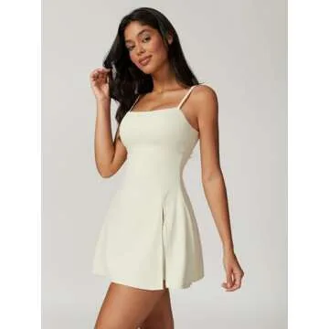 ABOCIW Athletic Dress for Women Spaghetti Strap Backless Side Slit Tennis Dress Square Neck Exercise Workout Golf Active Dress Cream Medium