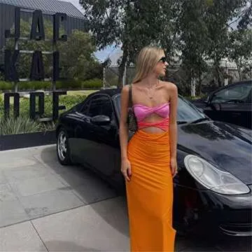 Sexy Strapless Maxi Dress for Women Sleeveless Backless Low Cut Cutout Casual Long Midi Tube Dress for Party Clubwear