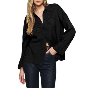 Danedvi Womens Collared Cardigan Sweaters Oversized Ribbed Knit Open Front Button Up Bell Sleeve Outwear Black