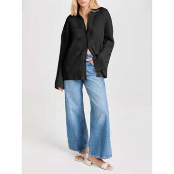 Danedvi Womens Collared Cardigan Sweaters Oversized Ribbed Knit Open Front Button Up Bell Sleeve Outwear Black