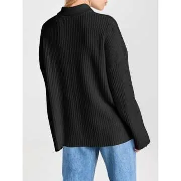 Danedvi Womens Collared Cardigan Sweaters Oversized Ribbed Knit Open Front Button Up Bell Sleeve Outwear Black