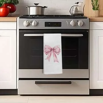 Kemingni Pink Bow Coquette Kitchen Towels, Pink Preppy Hand Towels for Bathroom, Preppy Coquette Bathroom Decor, Pink Bow Dish Towels Tea Towels for Kitchen, 16x24 Inches