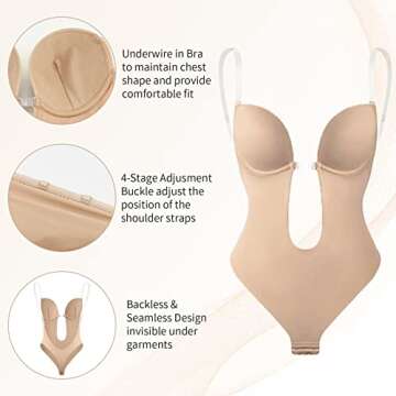 FEELJAM Invishaper, Plunge Backless Body Shaper Bra, Backless Bra Bodysuit, Backless Shapewear for Wedding Dress Tummy Control (Nude, L)