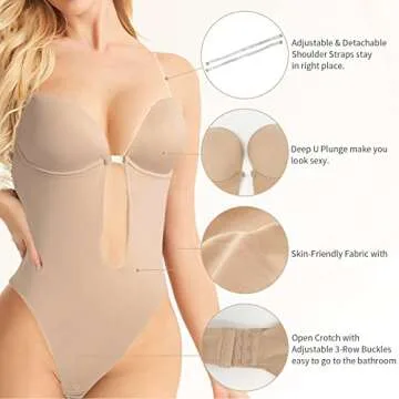 FEELJAM Invishaper, Plunge Backless Body Shaper Bra, Backless Bra Bodysuit, Backless Shapewear for Wedding Dress Tummy Control (Nude, L)