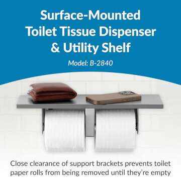 Bobrick Toilet Tissue Dispenser with Utility Shelf, Surface-Mounted, Satin-Finish Stainless Steel, Holds Two Standard Rolls, Dual Roll Capacity, Ideal for Commercial Restrooms (Model B-2840)