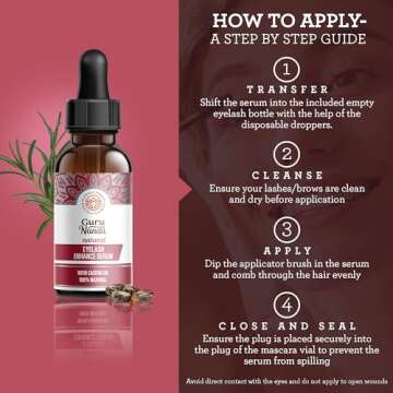 GuruNanda Natural Castor Oil Eyelash Enhance Serum with Rosemary Oil - Brush Applicator & 5 Pipettes, Helps Natural Hair Growth for Eyebrows & Beards, 2 Fl Oz