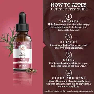 GuruNanda Natural Castor Oil Eyelash Enhance Serum with Rosemary Oil - Brush Applicator & 5 Pipettes, Helps Natural Hair Growth for Eyebrows & Beards, 2 Fl Oz