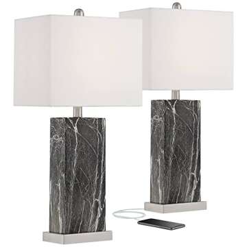 360 Lighting Connie Modern Table Lamps 25" Tall Set of 2 with USB Charging Ports Black Faux Marble W...