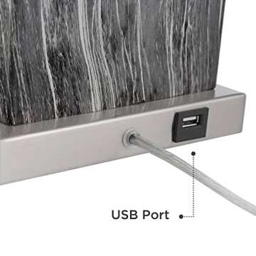 360 Lighting Connie Modern Table Lamps 25" Tall Set of 2 with USB Charging Ports Black Faux Marble White Rectangular Shade for Bedroom Living Room House Desk Bedside Nightstand Office Family