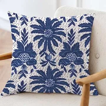 ArogGeld Navy Blue Flower Chinoiserie Farmhouse Throw Pillows Indigo Blue Trellis White Linen Cushion Covers Asian Style Chinoiserie Euro Sham Pillow for Living Room Bedroom 24x24in