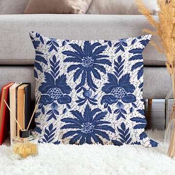 ArogGeld Navy Blue Flower Chinoiserie Farmhouse Throw Pillows Indigo Blue Trellis White Linen Cushion Covers Asian Style Chinoiserie Euro Sham Pillow for Living Room Bedroom 24x24in