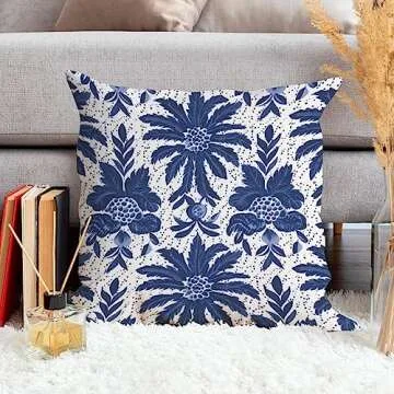 ArogGeld Navy Blue Flower Chinoiserie Farmhouse Throw Pillows Indigo Blue Trellis White Linen Cushion Covers Asian Style Chinoiserie Euro Sham Pillow for Living Room Bedroom 24x24in