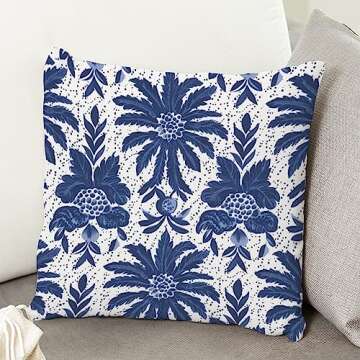 ArogGeld Navy Blue Flower Chinoiserie Farmhouse Throw Pillows Indigo Blue Trellis White Linen Cushion Covers Asian Style Chinoiserie Euro Sham Pillow for Living Room Bedroom 24x24in