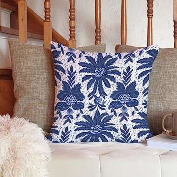 ArogGeld Navy Blue Flower Chinoiserie Farmhouse Throw Pillows Indigo Blue Trellis White Linen Cushion Covers Asian Style Chinoiserie Euro Sham Pillow for Living Room Bedroom 24x24in
