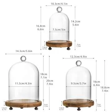 ZEERSHEE Set of 3 Glass Bell Shape Dome with Wooden Base Clear Decorative Glass Dustproof Dome with Handle for Home Party Wedding Decor