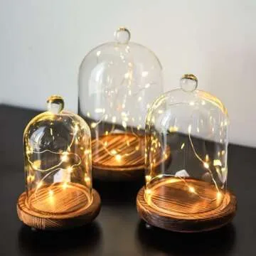 ZEERSHEE Set of 3 Glass Bell Shape Dome with Wooden Base Clear Decorative Glass Dustproof Dome with Handle for Home Party Wedding Decor