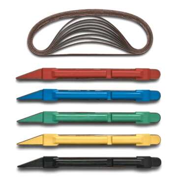 5 Piece Sanding Detailer Set with 2 Extra Replacement Belts Per Stick, 5 Grits 120, 240, 320, 400 & 600 Grit Made in The USA for Sanding Wood, Metal & Plastics, Long Life Sanding Belts