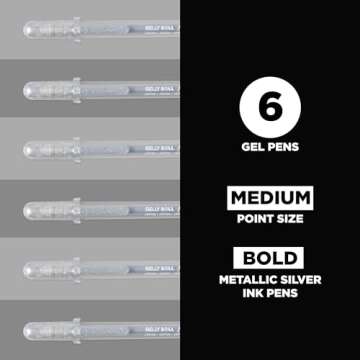 SAKURA Gelly Roll Metallic Gel Pens - Pens for Scrapbook, Journals, or Drawing - Metallic Silver Ink - Medium Line - 6 Pack
