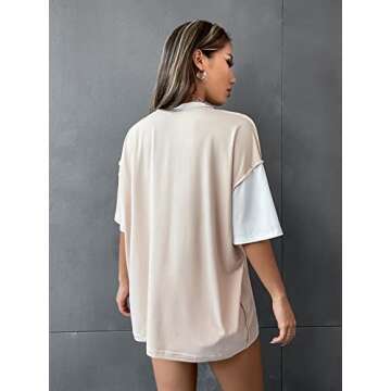 Floerns Women's Colorblock Stitching Trim Short Sleeve Crew Neck Loose T-Shirt Top Light Brown S