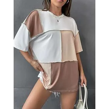Floerns Women's Colorblock Stitching Trim Short Sleeve Crew Neck Loose T-Shirt Top Light Brown S