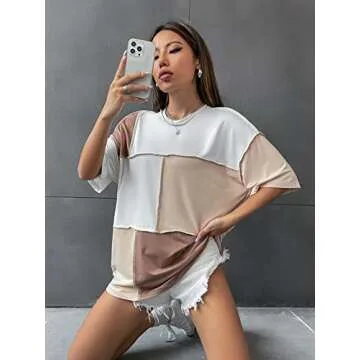 Floerns Women's Colorblock Stitching Trim Short Sleeve Crew Neck Loose T-Shirt Top Light Brown S
