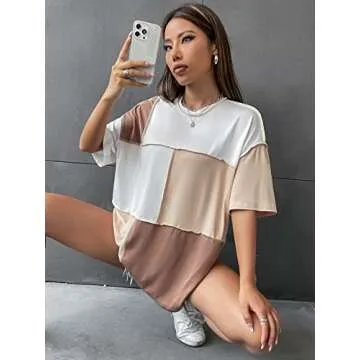 Floerns Women's Colorblock Stitching Trim Short Sleeve Crew Neck Loose T-Shirt Top Light Brown S