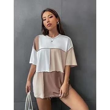 Floerns Women's Colorblock Stitching Trim Short Sleeve Crew Neck Loose T-Shirt Top Light Brown S