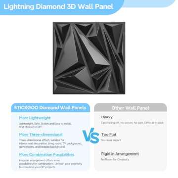 STICKGOO 33 Pack 3D Wall Panels for Interior Wall Decor, Black Diamond Design Accent Wall Decor, 12''x12'' Modern Wall Panels for Gaming Room Bedroom TV Background