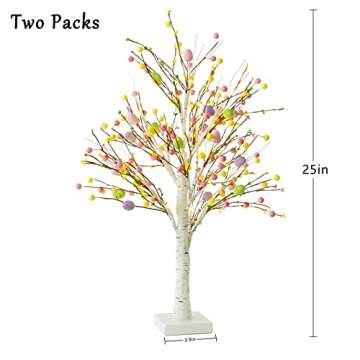Ethlomoer Easter Decorations, 2 Pcs 25 Inch Pre-Lit Easter Egg Tree with Timer, Battery Powered Easter Birch Tree with 24 LED Lights, Easter Trees for Home Party Wedding Holiday Spring Decoration
