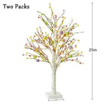 Ethlomoer Easter Decorations, 2 Pcs 25 Inch Pre-Lit Easter Egg Tree with Timer, Battery Powered Easter Birch Tree with 24 LED Lights, Easter Trees for Home Party Wedding Holiday Spring Decoration