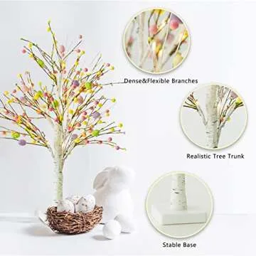 Ethlomoer Easter Decorations, 2 Pcs 25 Inch Pre-Lit Easter Egg Tree with Timer, Battery Powered Easter Birch Tree with 24 LED Lights, Easter Trees for Home Party Wedding Holiday Spring Decoration