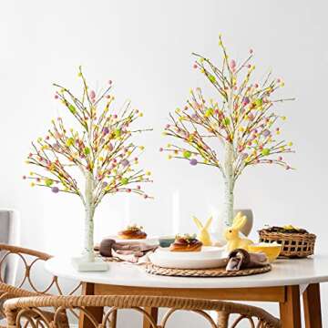 Ethlomoer Easter Decorations, 2 Pcs 25 Inch Pre-Lit Easter Egg Tree with Timer, Battery Powered Easter Birch Tree with 24 LED Lights, Easter Trees for Home Party Wedding Holiday Spring Decoration