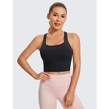 CRZ YOGA Butterluxe Womens Y-Back Racerback Longline Sports Bra - Padded Scoop Neck Workout Crop Tan...