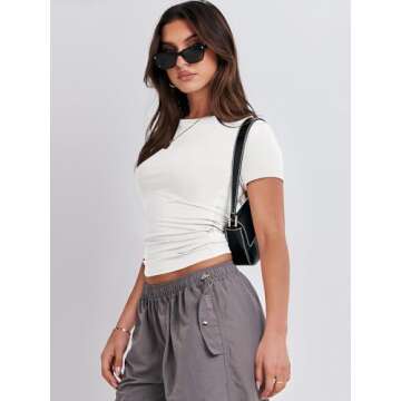 ANRABESS Women’s Short Sleeve Summer T Shirts Crew Neck Slim Fit Basic Tee 2025 Going Out Crop Tops Y2k Outfits White Small