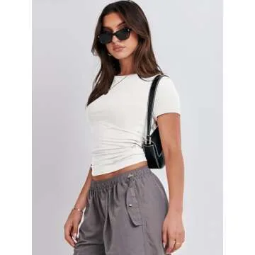 ANRABESS Women’s Short Sleeve Summer T Shirts Crew Neck Slim Fit Basic Tee 2025 Going Out Crop Tops Y2k Outfits White Small