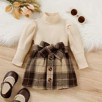 Fernvia Toddler Baby Girl Fall Winter Skirt Set Turtleneck Ribbed Long Sleeve T-Shirt Top & Plaid Skirts Dress 2Pcs Outfits (J Beige, 3-4 Years)