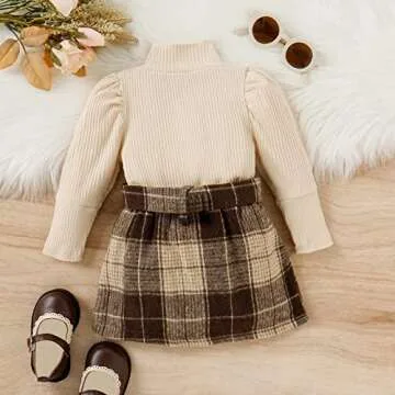 Fernvia Toddler Baby Girl Fall Winter Skirt Set Turtleneck Ribbed Long Sleeve T-Shirt Top & Plaid Skirts Dress 2Pcs Outfits (J Beige, 3-4 Years)