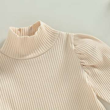 Fernvia Toddler Baby Girl Fall Winter Skirt Set Turtleneck Ribbed Long Sleeve T-Shirt Top & Plaid Skirts Dress 2Pcs Outfits (J Beige, 3-4 Years)