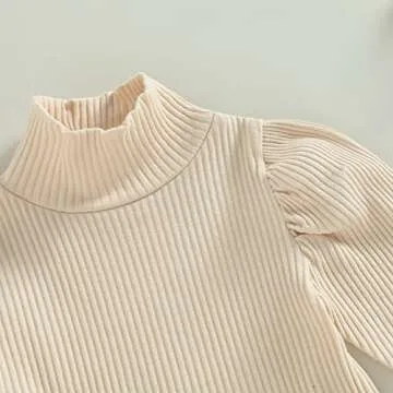 Fernvia Toddler Baby Girl Fall Winter Skirt Set Turtleneck Ribbed Long Sleeve T-Shirt Top & Plaid Skirts Dress 2Pcs Outfits (J Beige, 3-4 Years)