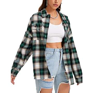 HangNiFang Womens Flannel Plaid Shirts Oversized Button Down Shirts Blouse Tops