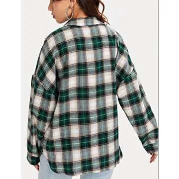 HangNiFang Womens Flannel Plaid Shirts Oversized Button Down Shirts Blouse Tops