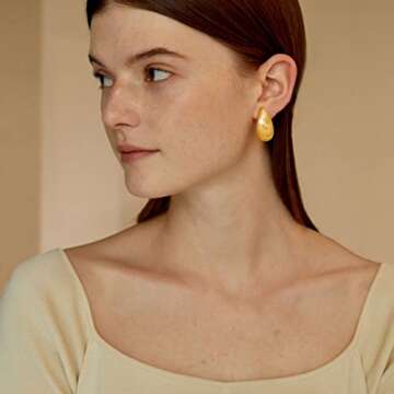 MUYAN Matte Gold Plated Long Waterdrop Clip On Earrings for Women Gold Long Brushed Droplet Clip Earrings Lightweight Jewelry