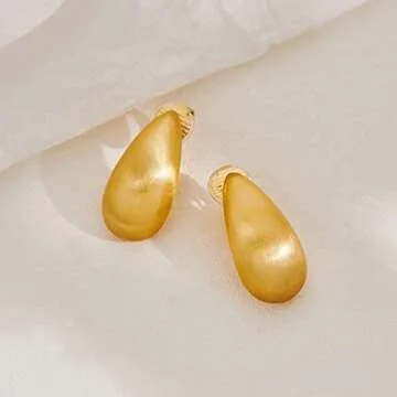MUYAN Matte Gold Plated Long Waterdrop Clip On Earrings for Women Gold Long Brushed Droplet Clip Earrings Lightweight Jewelry