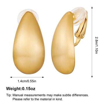 MUYAN Matte Gold Plated Long Waterdrop Clip On Earrings for Women Gold Long Brushed Droplet Clip Earrings Lightweight Jewelry